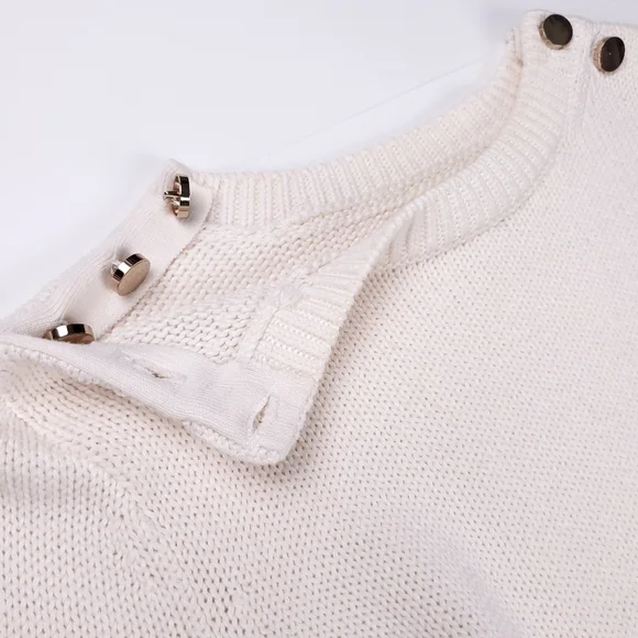 New Loft Cream Red Trim Gold Button Bell Sleeve Sweater Sz Xs - Picture 12 of 14